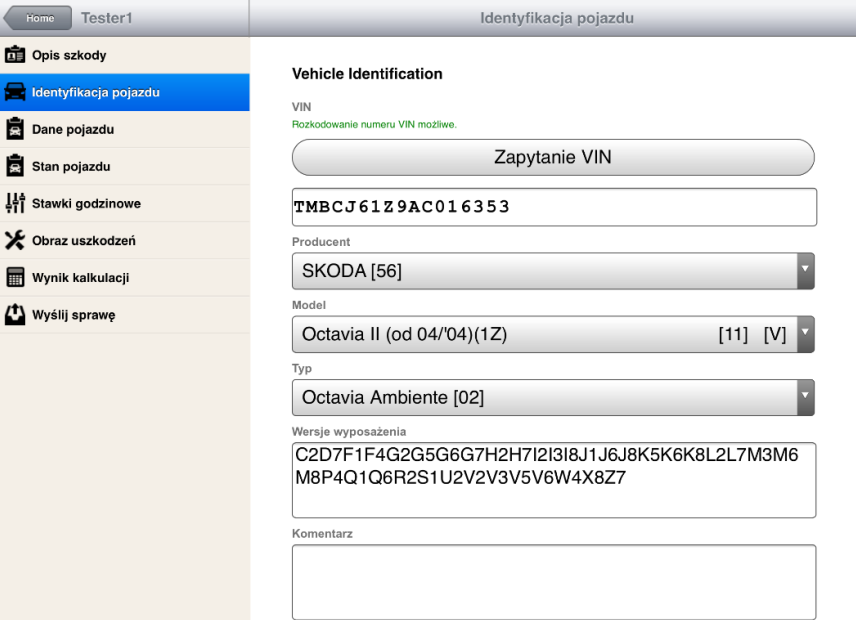 W zakładce Identyfikacja pojazdu użytkownik musi szczegółowe informacje po pojeździe: Numer VIN, Producent, Model, Typ.