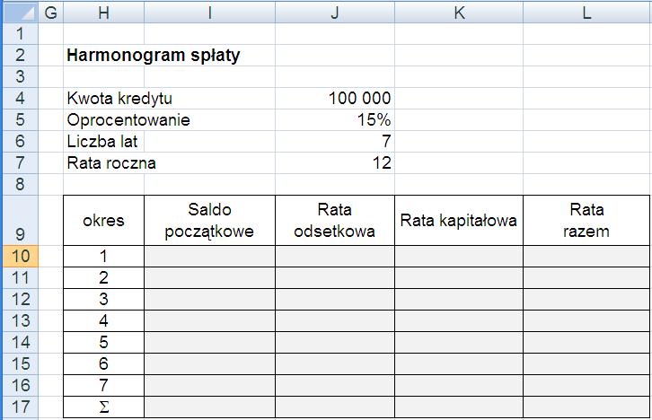 Rysunek 7 Harmonogram spłaty kredytu ratą zmienną Wykonaj następujące polecenia: W komórce I10 wprowadź wielkośd salda kredytu w pierwszym okresie =J4.