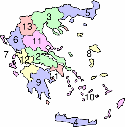 c) podział administracyjny Grecji regiony: Ryc. 5. Mapa regionów Grecji. Źródło: http://pl.wikipedia.org 1. Attyka 2. Grecja Środkowa 3. Macedonia Środkowa 4. Kreta 5.