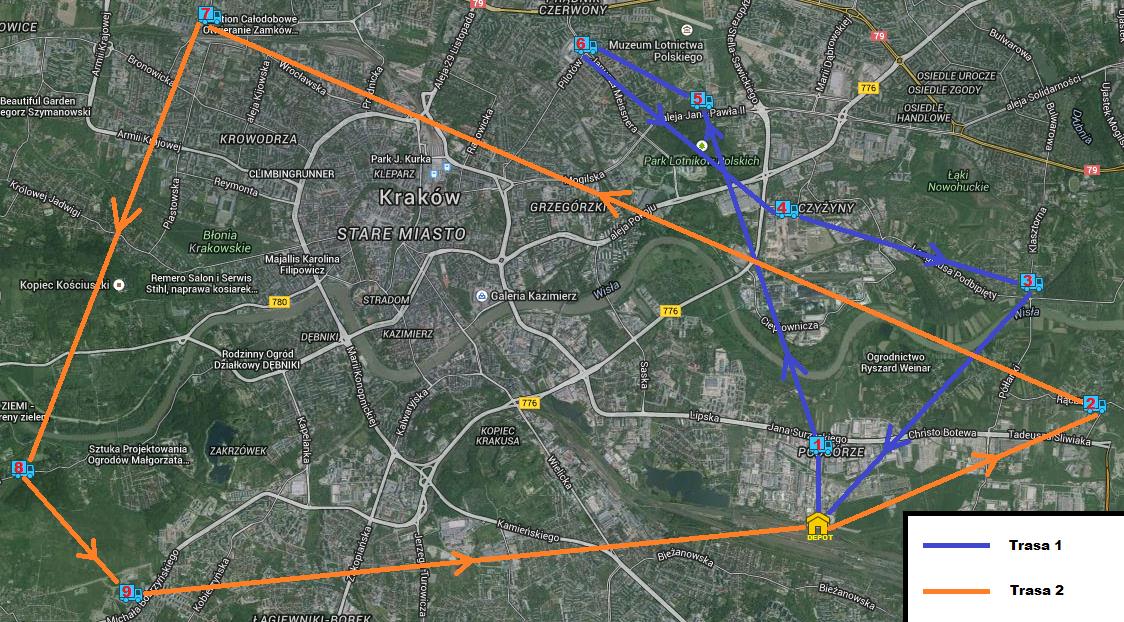 Po przeprowadzeniu obliczeń otrzymano następujące trasy dla kuriera: Pierwsza trasa: Depot 1 5 6 4 3 Depot. Druga trasa: Depot 2 7 8 9 Depot.