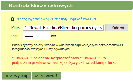 Rys. 4: Okno kontroli kluczy cyfrowych Z listy dostępnych kluczy należy wybrać swój klucz, wprowadzić kod PIN (znajdujący się na karcie rejestracyjnej otrzymanej w Banku) oraz kliknąć przycisk.