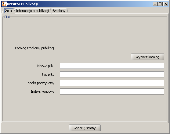 Zakładka "Dane" Rysunek 3.13. Kreator Publikacji - zakładka informacji o plikach Zakładka Dane zwiera interfejs służący do wybierania plików, które mają być użyte do wygenerowania publikacji.