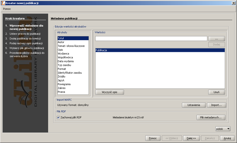 3.4 Typowe zadania redaktora Podrozdział ten pokazuje jak wykonywać typowe zadania redaktora przy pomocy Aplikacji Redaktora systemu dlibra. 3.4.1 Tworzenie nowej publikacji Notatka - Zanim nowa publikacja zostanie umieszczona w bibliotece, wszystkie jej pliki muszą się znaleźć w jednym z katalogów na dysku lokalnym.