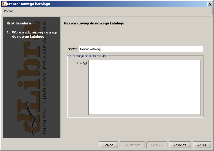 4.2 Podstawowe Zadania Administratora Ten podrozdział opisuje jak można wykonywać podstawowe zadania administratora przy użyciu Aplikacji Administratora dlibra. 4.2.1 Zarządzanie katalogiem biblioteki Tworzenie, przenoszenie i usuwanie katalogów biblioteki Aby utworzyć nowy katalog: 1.