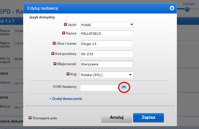 Zasady wybierania/dodawania i edycji danych Nadawcy i Odbiorcy są takie same, jak wytyczne dotyczące pojazdu i kierowcy.