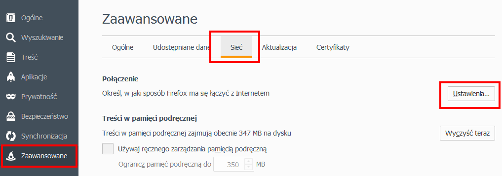 6. W kolejnym kroku musimy zmodyfikować ustawienia używanej przeglądarki WWW i ręcznie skonfigurować tzw. serwer proxy. Poniżej pokażemy czynności jakie należy wykonać używając przeglądarki Firefox.