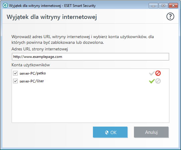 4.4.1.2 Wyjątki dla witryny internetowej W pustym polu pod listą wpisz adres URL, a następnie zaznacz pola wyboru kont użytkowników, wybierz opcję lub i kliknij przycisk OK, aby dodać go do listy.