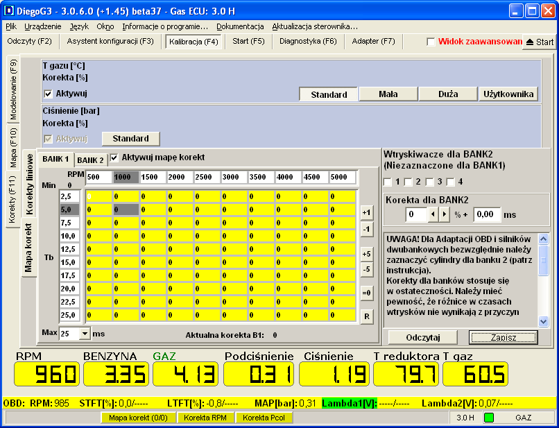 Rysunek 3.37: Widok mapy korekt Mapa korekt za pomocą mapy korekt możliwe jest również wprowadzenie bardziej zaawansowanych korekt od obrotów (RPM) i czasu wtrysku benzyny (Tb).