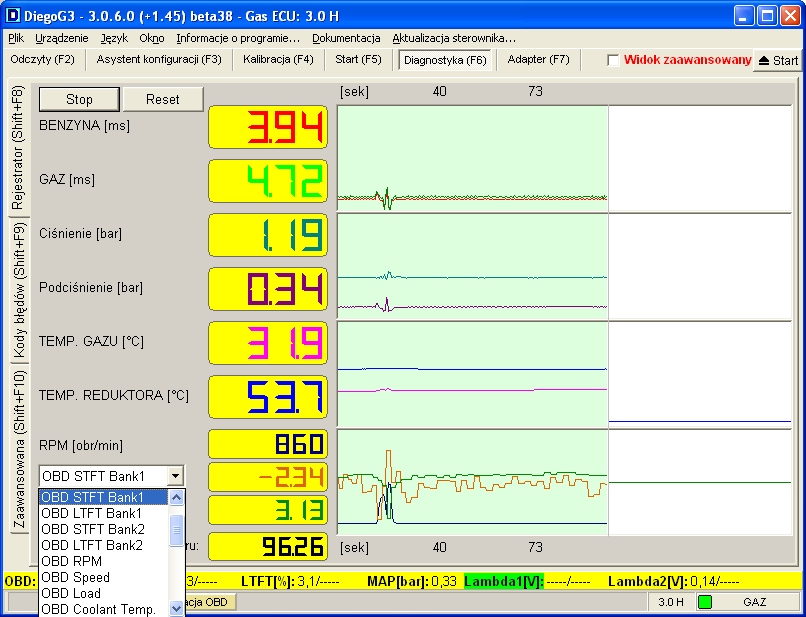 3.6 Diagnostyka Zakładka Diagnostyka (skrót klawiszowy F6) podzielona jest na trzy zakładki: 1) Rejestrator (skrót klawiszowy Shift+F8) 2) Kody błędów (skrót klawiszowy Shift+F9) 3) Zaawansowana