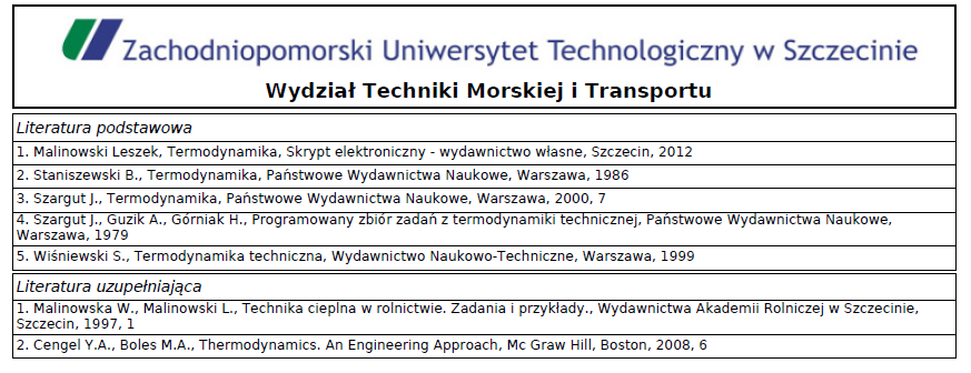 Podręczniki, z których można korzystać podczas nauki termodynamiki WYKŁADY 1. Szargut J.: Termodynamika techniczna. PWN, Warszawa 1991 2. Staniszewski B.: Termodynamika. PWN, Warszawa 1982 3.