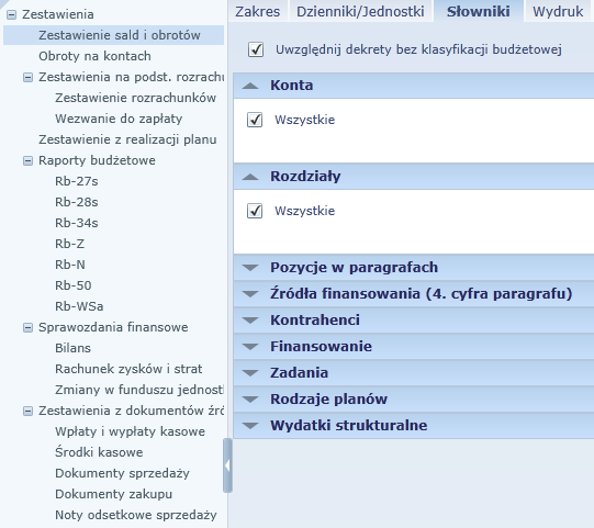 Finanse Zakładka Zakres Do ustalania ogólnych parametrów zestawienia służy zakładka Zakres. Na tej zakładce ustala się takie parametry, jak data, która będzie tworzyć ramy czasowe dla zestawienia.