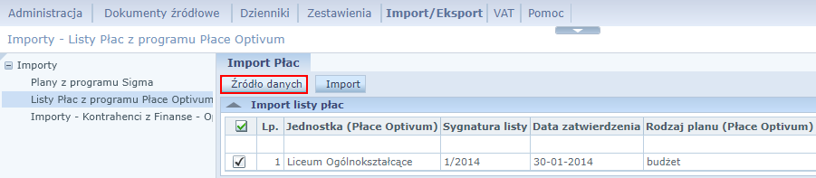 Import listy płac z Płac Optivum Jeśli import listy był już przeprowadzony i został zapisany schemat importu, po wskazaniu źródła danych, można wybrać z listy dostępny schemat importu.