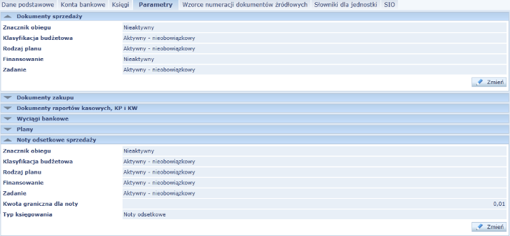 Jednostki Rysunek 14. Formularz opisujący zakładkę Parametry w edycji danych jednostki. Parametry do wyboru: aktywny nieobowiązkowy, nieaktywny, aktywny obowiązkowy.