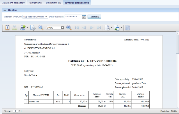 Finanse 1. W polu wzorzec wydruku korzystając z listy rozwijalnej wybrać Duplikat dokumentu. 2. Wybrać datę i kliknąć przycisk Zastosuj.