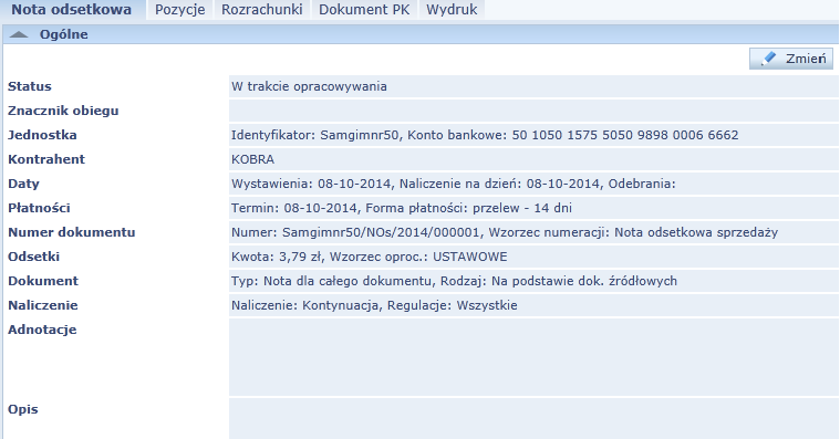 Noty odsetkowe 10. Kliknąć przycisk Utwórz noty. Podgląd i edycja noty Aby zapoznać się z danymi szczegółowymi dotyczącymi noty należy w lewym panelu zaznaczyć konkretną notę.