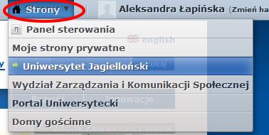 Jeżeli nie posiadamy żadnych dodatkowych uprawnień i nie jesteśmy przypisani do żadnych innych jednostek wyświetlą nam się tylko: Panel sterowania, Moje strony prywatne oraz Uniwersytet