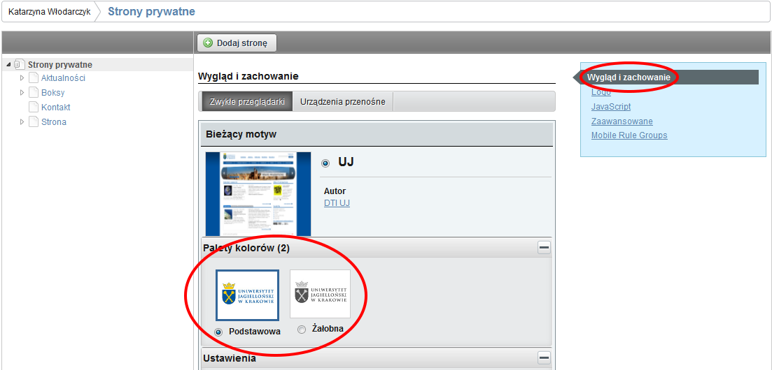 ZARZĄDZANIE STRONAMI WYGLĄD I ZACHOWANIE Wygląd i zachowanie odpowiada za ustawienie odpowiedniego wyglądu stylów (skórki) dla całej strony.