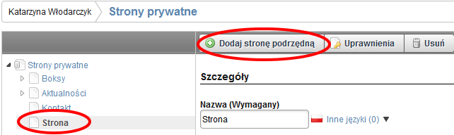 Zatwierdzamy dodanie poprzez przycisk Dodaj stronę. Otrzymujemy powiadomienie o poprawnym dodaniu nowej strony w belce głównej.