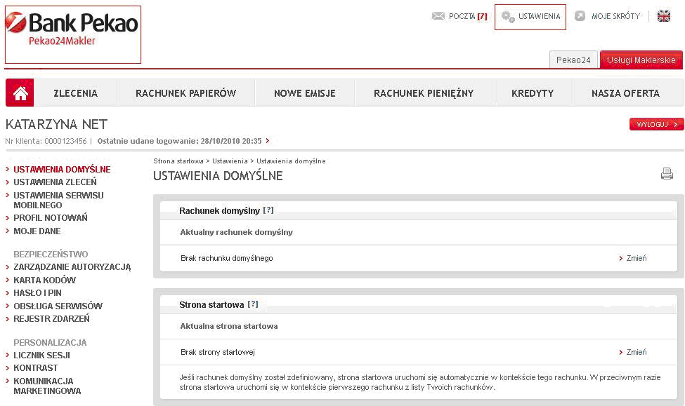 3. USTAWIENIA W zakładce USTAWIENIA dostępnej z poziomu serwisu Pekao24Makler (Rys. 3.