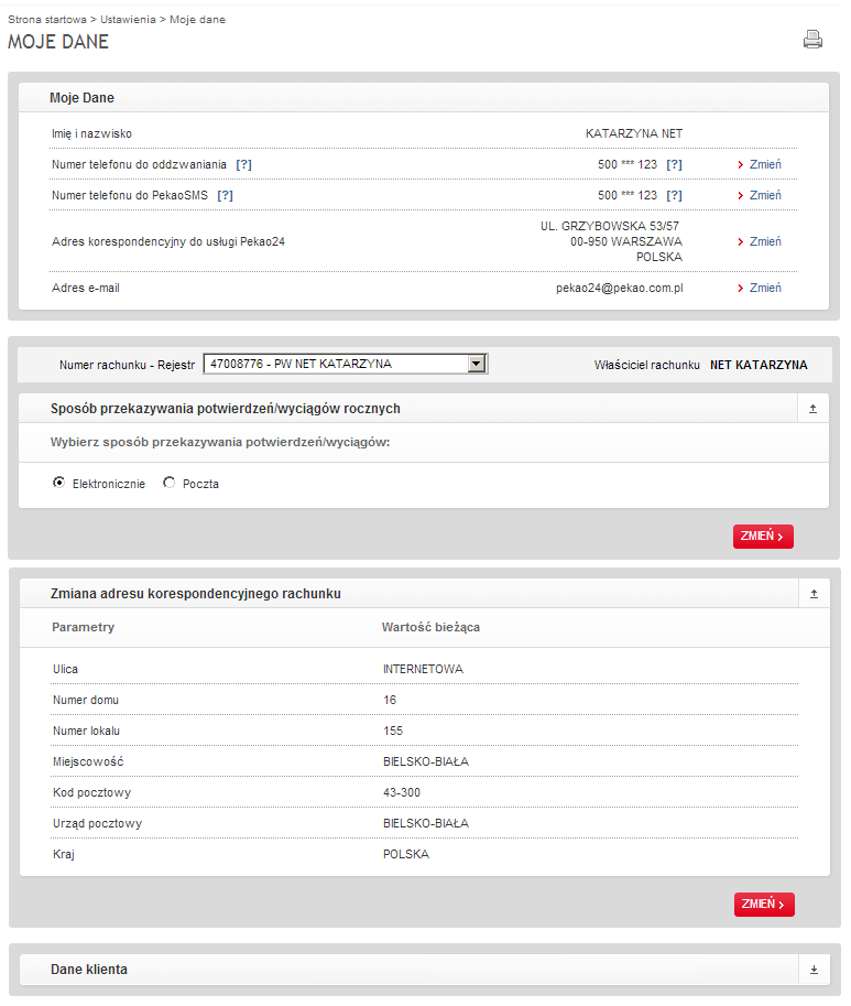 3.5. Moje dane Strona Moje dane (Rys.3.16) obejmuje następujące sekcje: Moje dane, Sposób przekazywania