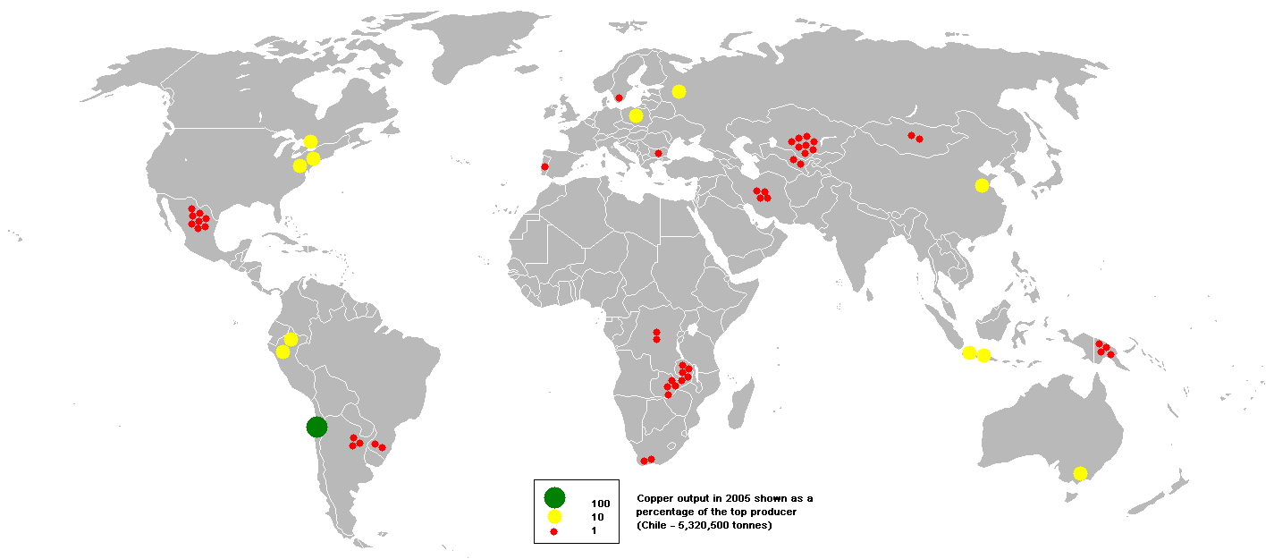 Występowanie rud USA, Chile, Meksyk, Afryka (RPA, Zambia, Kongo) WNP (Ural, Kazachstan, Serbia, Czarnogóra,