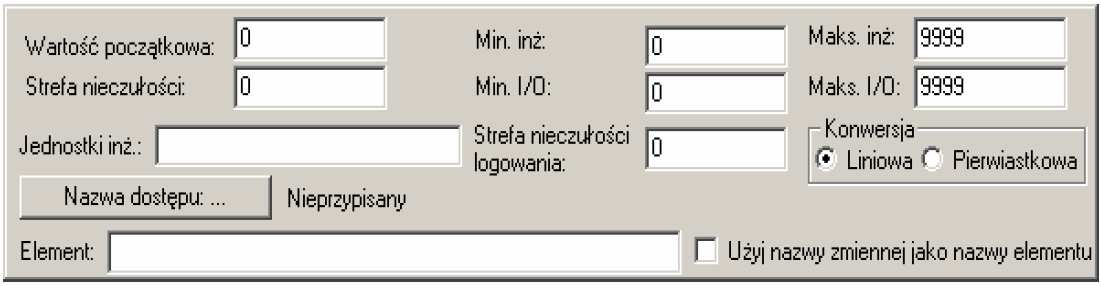 Przykładowo, jeżeli wybrany zostanie typ I/O Integer, wyświetlone zostanie następujące okno dialogowe. 7. Wprowadzić parametry żądane do zdefiniowania elementu. 8. Kliknąć Nazwa dostępu.