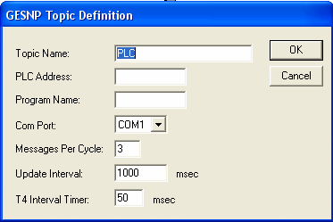 3. W polu Topic Name wpisujemy nazwę tematu PLC dokładnie takiej samej nazwy użyjemy w InTouch przy definiowaniu Nazwy dostępu.