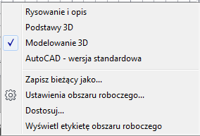 konfiguracja narzędzi wspomagających rysowanie (dla zakładki OBIEKT) wybór obszaru roboczego narzędzia wspomagające rysowanie (widok klasyczny) narzędzia podglądu arkuszy konfiguracja wyczyść ekran