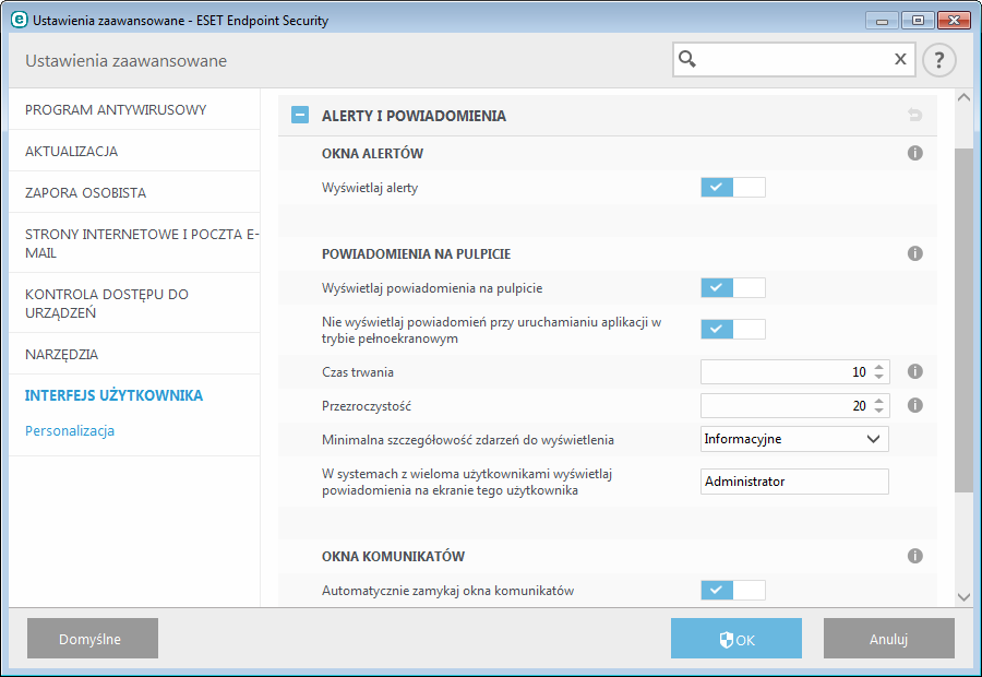 3.9.7.3 Alerty i powiadomienia Sekcja Alerty i powiadomienia w obszarze Interfejs użytkownika umożliwia skonfigurowanie sposobu obsługi alertów o zagrożeniach i powiadomień systemowych (np.