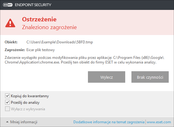 Leczenie i usuwanie Jeżeli nie określono wstępnie czynności do wykonania przez moduł ochrony plików w czasie rzeczywistym, pojawi się okno alertu z monitem o wybranie opcji.