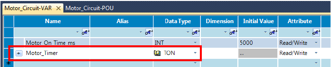 3. Stwórz zmienną o nazwie Motor_Timer i ustaw Data Type jako TON. Następnie, wciśnij Enter aby potwierdzić. Typ danych TON to właściwie struktura danych bloku instrukcji Timer-on-Delay.