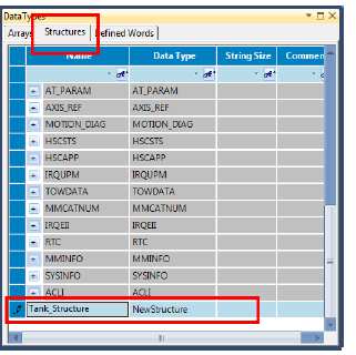 16. W oknie DataTypes, otwórz zakładkę Structures, przejdź do ostatniej linii i stwórz nowy Data Type o nazwie