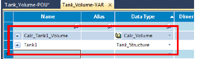 Zwróć uwagę, że Data Type dla zmiennej Calc_Tank1_Volume to UDFB Calc_Volume, a dla zmiennej Tank1 to User Defined Data Type