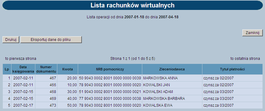 liczbę operacji jaka ma być wyświetlana na stronie. A następnie użyć przycisku Szukaj.