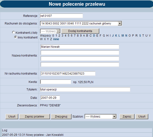 Po otwarciu formatki pole Kwota jest puste i automatycznie umieszczany jest w nim kursor. Użytkownik musi wprowadzić kwotę i zapisać przelew.