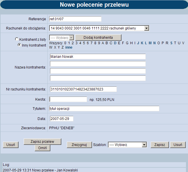 Formatka edycji jest identyczna jak dla edycji pojedynczego przelewu przy czym dodany został nowy przycisk Omiń.