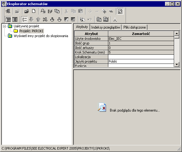 4.3. Kreślenie schematu 23 Rys. 4.5 Okno Eksploratora schematów Za pomocą pionowego paska przewijania przeglądamy listę atrybutów zawierających dane o projekcie.