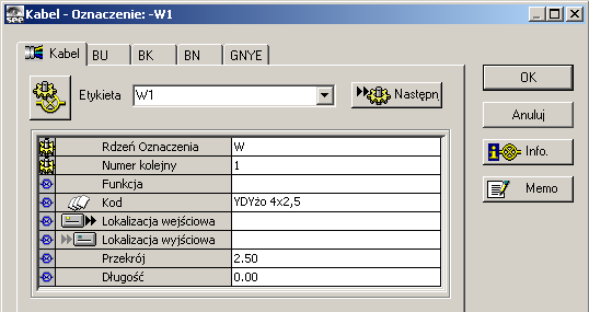 4.9. Wstawianie zacisków i generowanie rysunku listew 55 Rys. 4.31 Wybór kabla Kilkamy na przycisk <Kod>. W oknie wybór kodu katalogowego znajdujemy kabel YDYżo 4x2,5. Klikamy <Wybierz> <OK>.