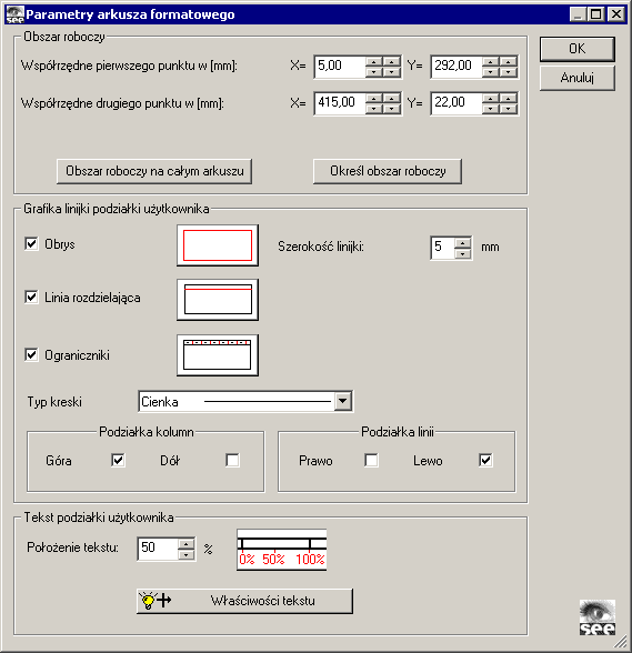 74 6.Modyfikacja Arkuszy Formatowych Rys. 6.2 Ustalanie parametrów arkusza formatowego Współrzędne kursora przesuwanego po ekranie wyrażone są w mm.