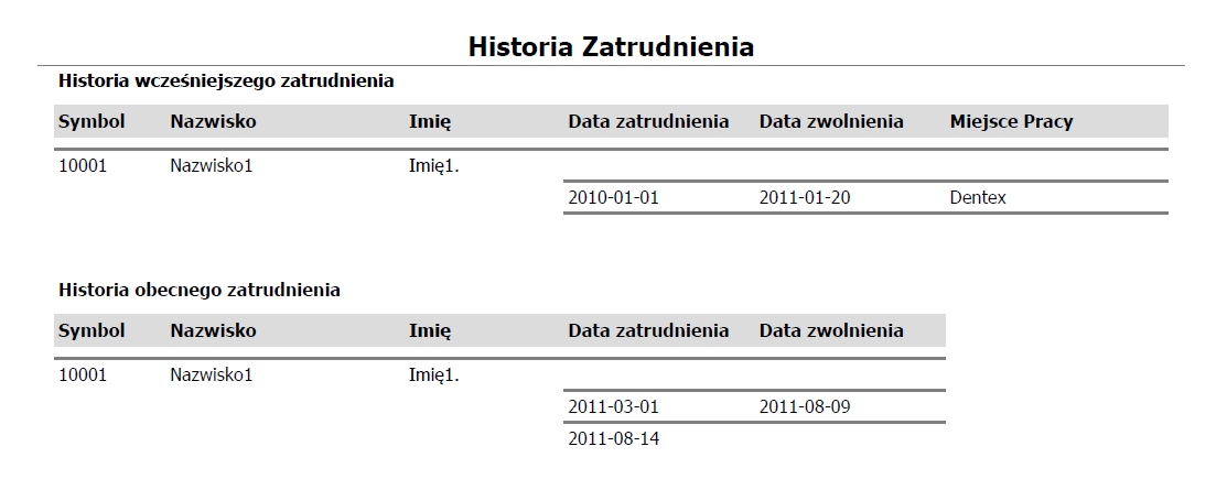 8. Historia zatrudnienia Pracownik Lista wyboru Jest to Raport który pozwala na wydruk informacji