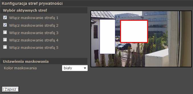3.4. Strefy prywatności W menu moŝliwość zdefiniowania do pięciu stref prywatności. W sekcji ustawienia maskowania moŝemy wybrać kolor jakim będzie maskowany wybrany obszar.