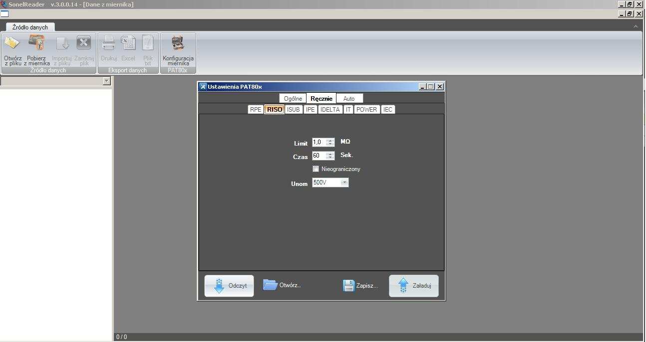 W przypadku Sonel Reader wcisnąć przycisk Konfiguracja miernika PAT80x 1 : 1 W przypadku obu programów otworzy się