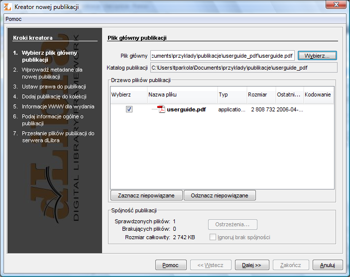 Aplikacja Redaktora Rysunek 3.19. Kreator Nowej Publikacji - wybór głównego pliku publikacji 4. W drugim kroku ( Rysunek 3.20.) należy opisać przyszłą publikację zestawem wartości atrybutów.