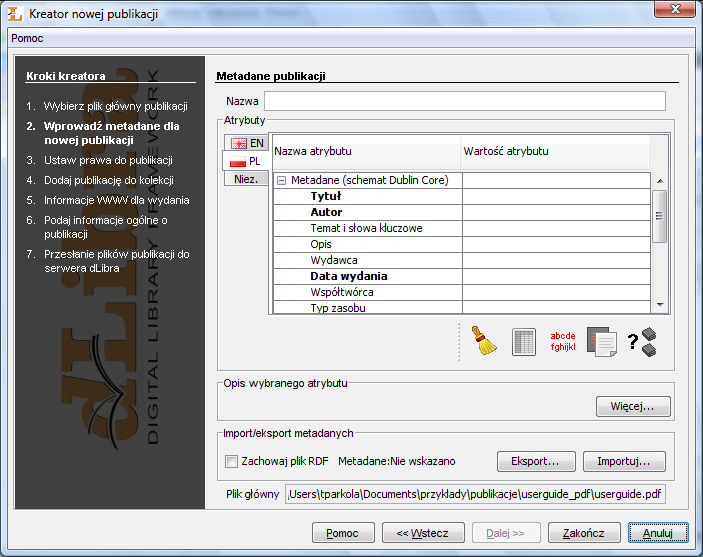 Aplikacja Redaktora Rysunek 3.20. Kreator Nowej Publikacji - przypisywanie wartości atrybutów 5. Trzecim krokiem ( Rysunek 3.21.