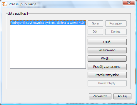 Aplikacja Redaktora Rysunek 3.26. Okno przesyłania publikacji Na oknie przesyłania publikacji po lewej stronie znajduje się lista publikacji przygotowanych do wysłania.