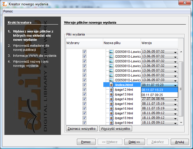 Aplikacja Redaktora Rysunek 3.34. Kreator Nowego Wydania - strona wyboru wersji plików 4.