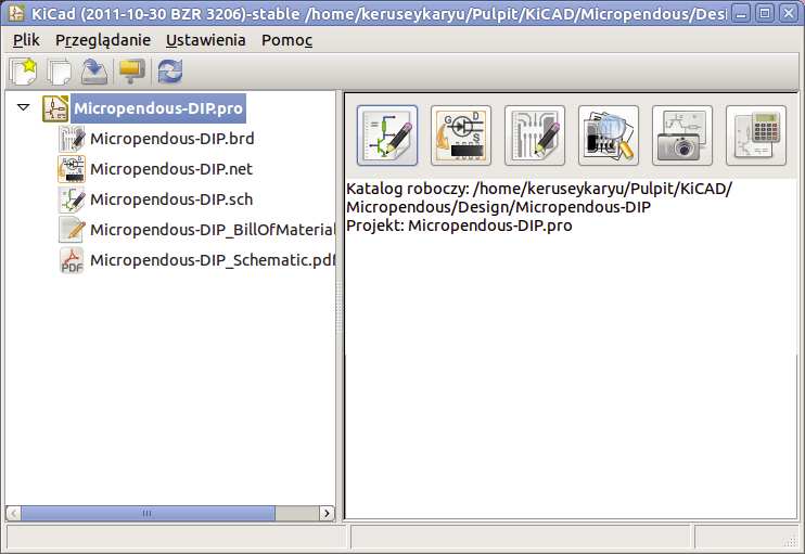 Pcbnew, GerbView, Bitmap2Component oraz PCB Calculator. Spójrz ponownie na schemat postępowania by rozeznać do czego poszczególne narzędzia są używane. Stwórz nowy projekt: Plik Nowy.