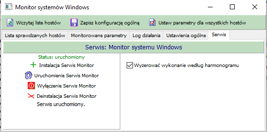 Usługę definiuje się w czterech zakładkach: 1. Lista sprawdzanych hostów dniujemy listę hostów jaka ma być kontrolowana po kątem wolnego miejsca, 2.