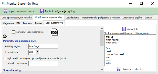 Opcje definicji logów dla połączenia SSH przedstawia ekran: W prawej części okna kontroli logów zdefiniować należy frazy