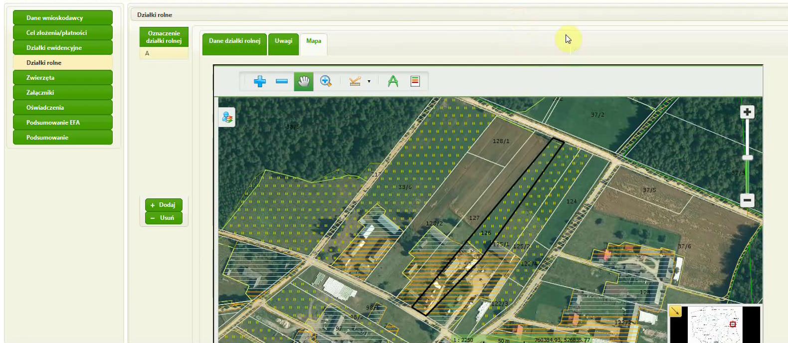 Wyrysowanie działek rolnych na mapach Dla każdej działki rolnej deklarowanej do płatności należy na mapie wskazać jej położenie.